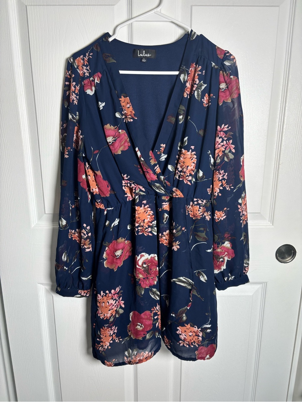 Lulu's Navy Floral Long Sleeve Wrap Dress Sz L
